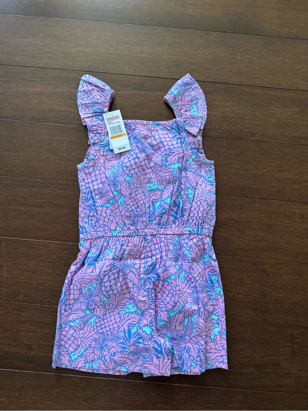 Vineyard Vines Pink and Blue Tropical Ruffle Tank Romper